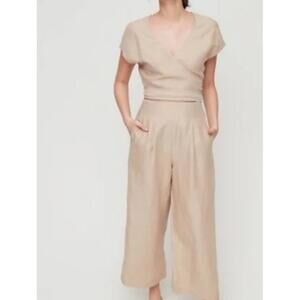 Böhme Jumpsuit Small Beige Linen Open Front Cutout‎ Wrap Tie Boho Minimalist